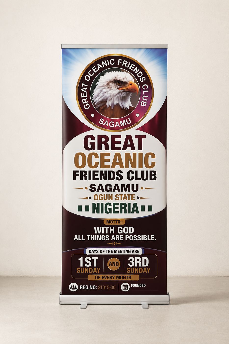 Roll-up banner stand printed for Great Oceanic Friends Club, Sagamu